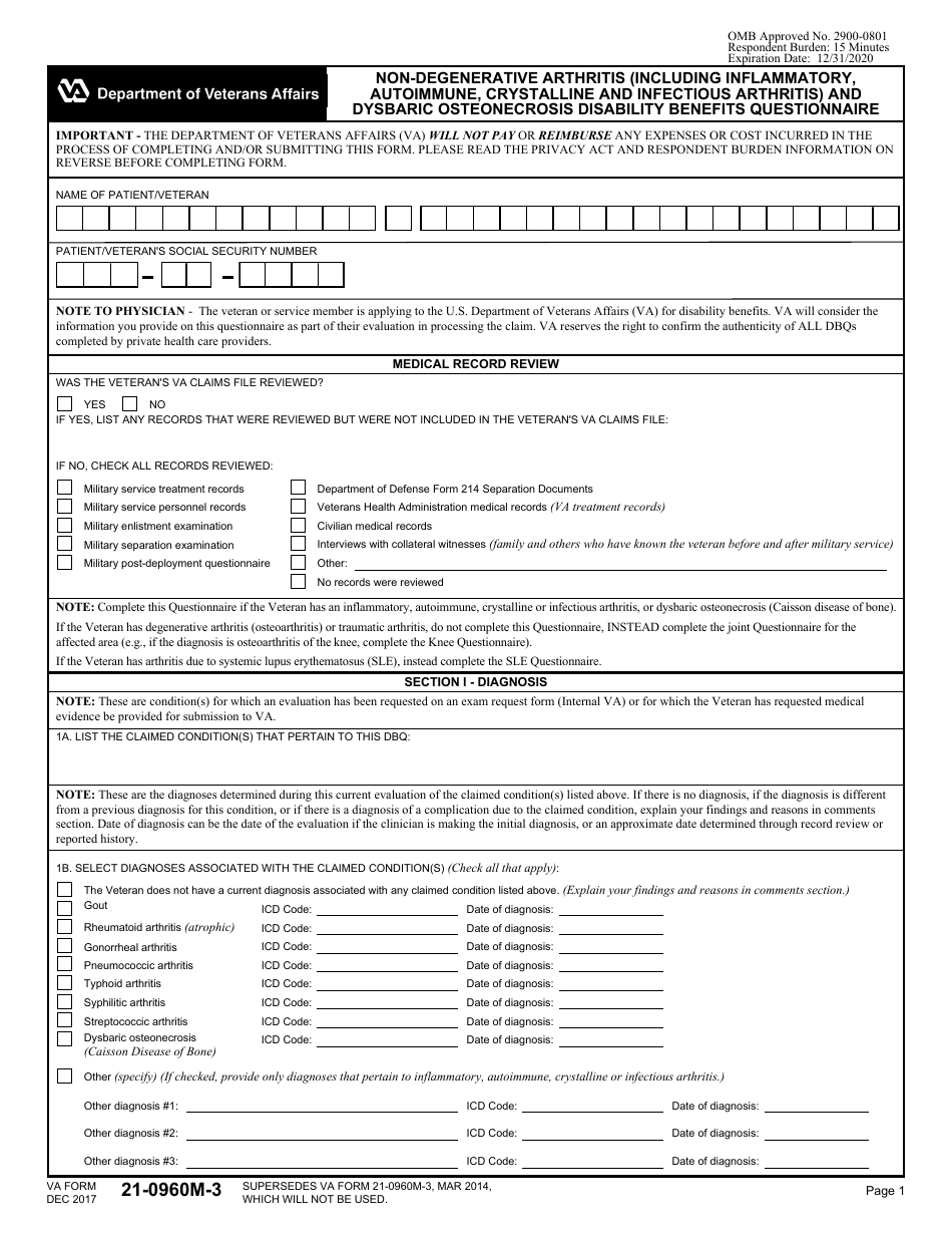 VA Form 21-0960M-3 Non-degenerative Arthritis (Including Inflammatory, Autoimmune, Crystalline and Infectious Arthritis) and Dysbaric Osteonecrosis Disability Benefits Questionnaire, Page 1