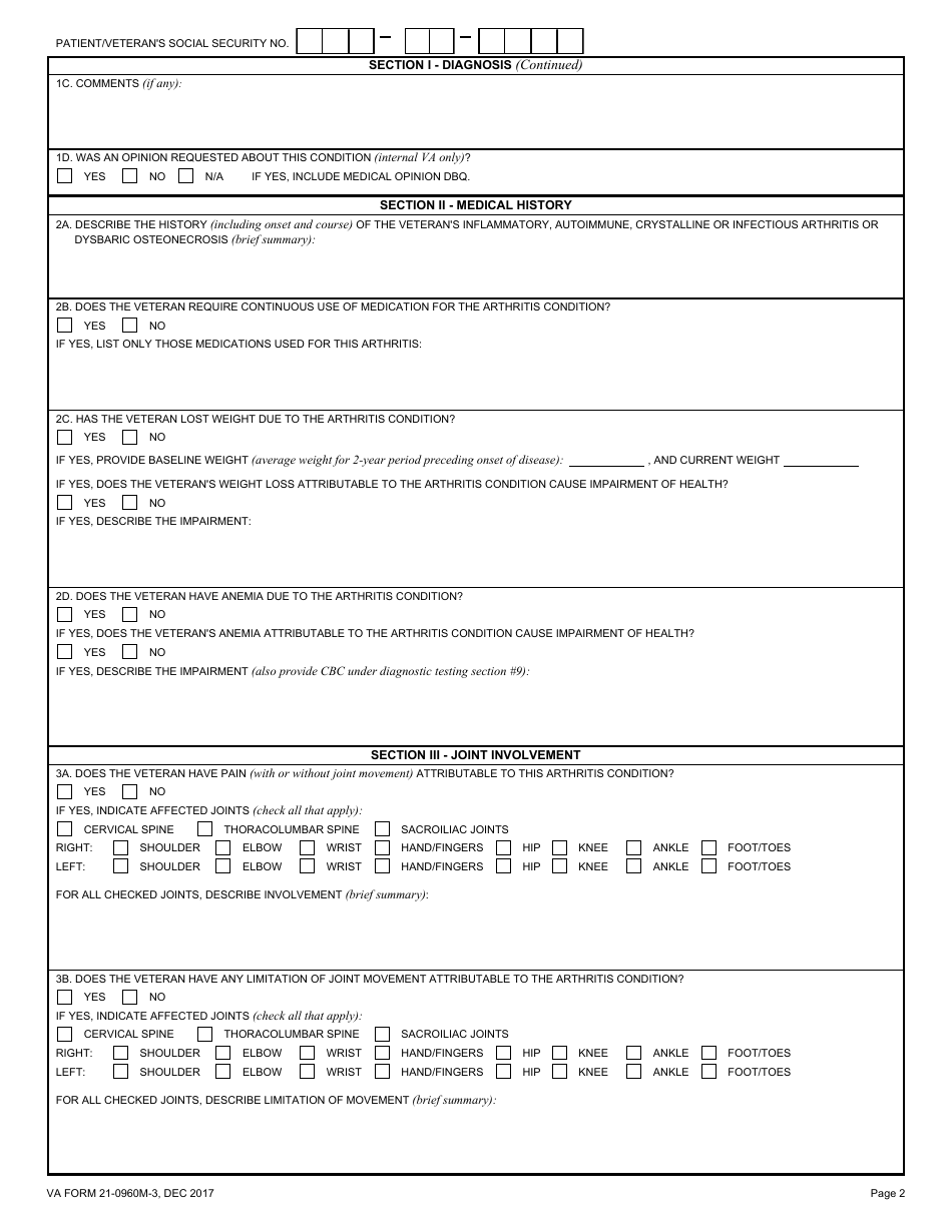 VA Form 21-0960M-3 Non-degenerative Arthritis (Including Inflammatory, Autoimmune, Crystalline and Infectious Arthritis) and Dysbaric Osteonecrosis Disability Benefits Questionnaire, Page 2