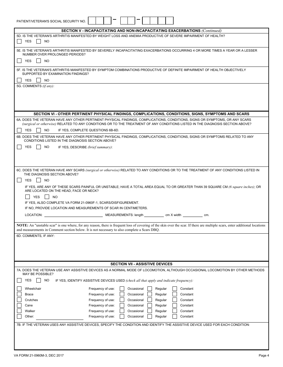 VA Form 21-0960M-3 Non-degenerative Arthritis (Including Inflammatory, Autoimmune, Crystalline and Infectious Arthritis) and Dysbaric Osteonecrosis Disability Benefits Questionnaire, Page 4