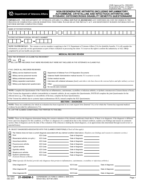 Va Form 21 0960m 3 Download Fillable Pdf Or Fill Online Non Degenerative Arthritis Including Inflammatory Autoimmune Crystalline And Infectious Arthritis And Dysbaric Osteonecrosis Disability Benefits Questionnaire Templateroller