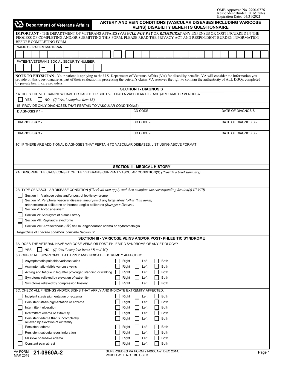VA Form 21-0960A-2 Artery and Vein Conditions (Vascular Diseases Including Varicose Veins) Disability Benefits Questionnaire, Page 1