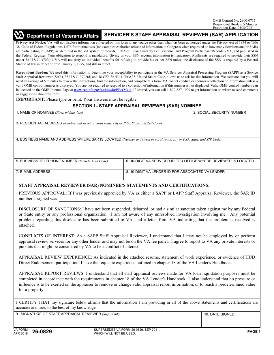 VA Form 26-0829 Servicers Staff Appraisal Reviewer (Sar) Application, Page 1