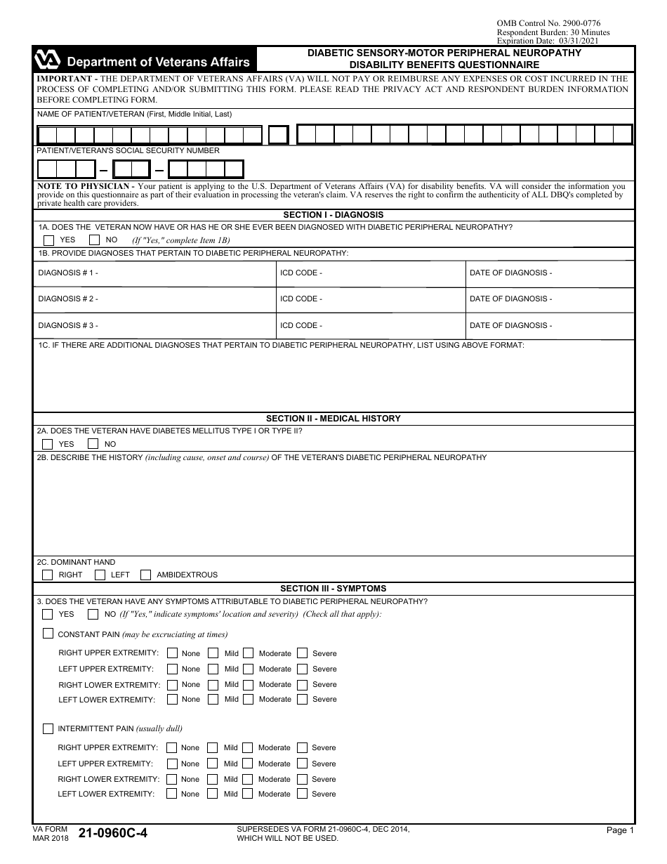 VA Form 21-0960C-4 Diabetic Sensory-Motor Peripheral Neuropathy Disability Benefits Questionnaire, Page 1