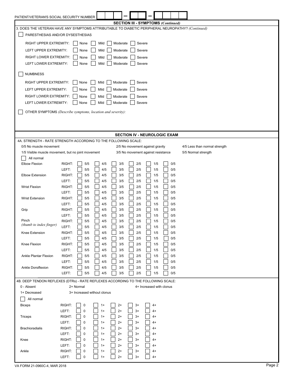 VA Form 21-0960C-4 Diabetic Sensory-Motor Peripheral Neuropathy Disability Benefits Questionnaire, Page 2
