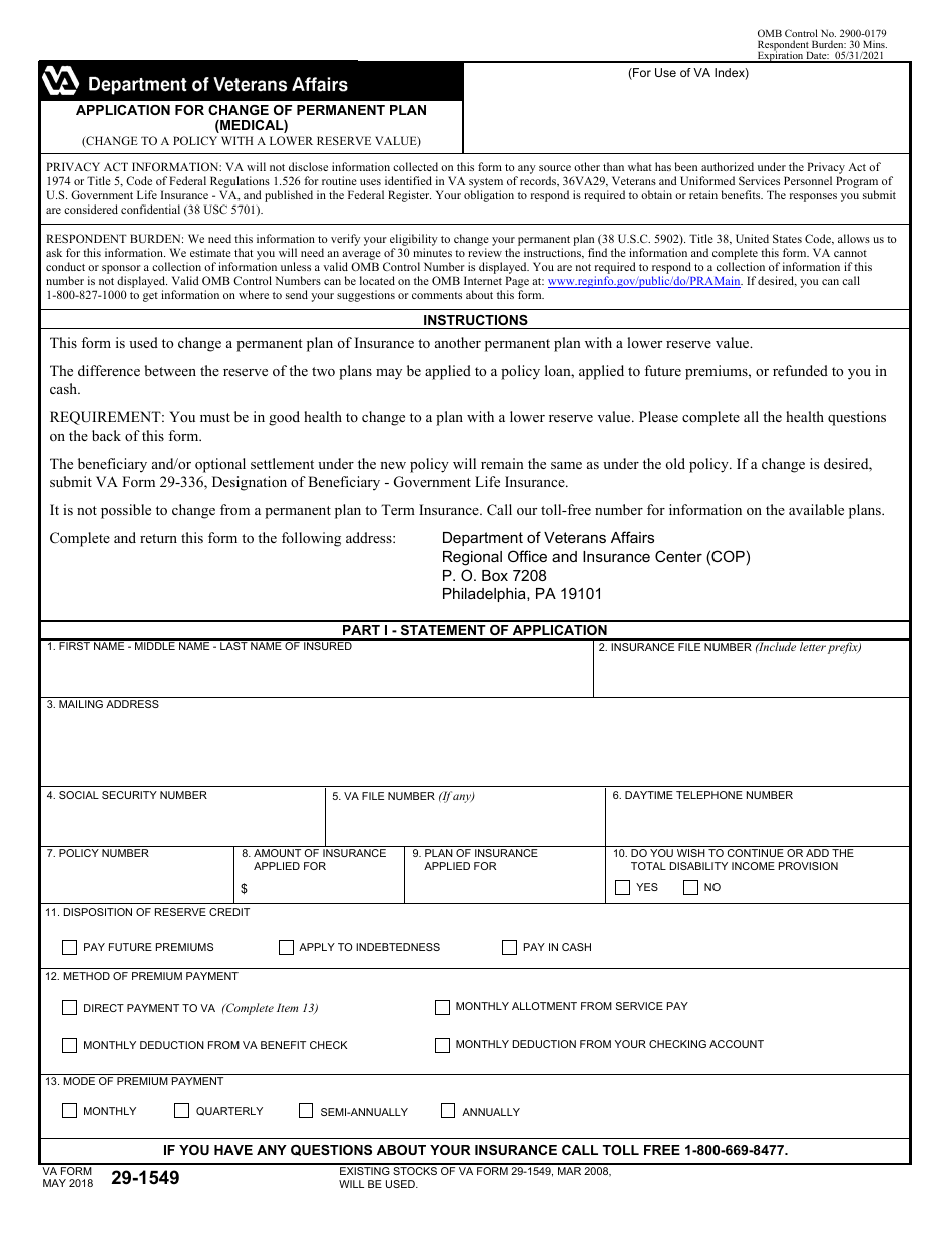 VA Form 29-1549 Application for Change of Permanent Plan (Medical), Page 1