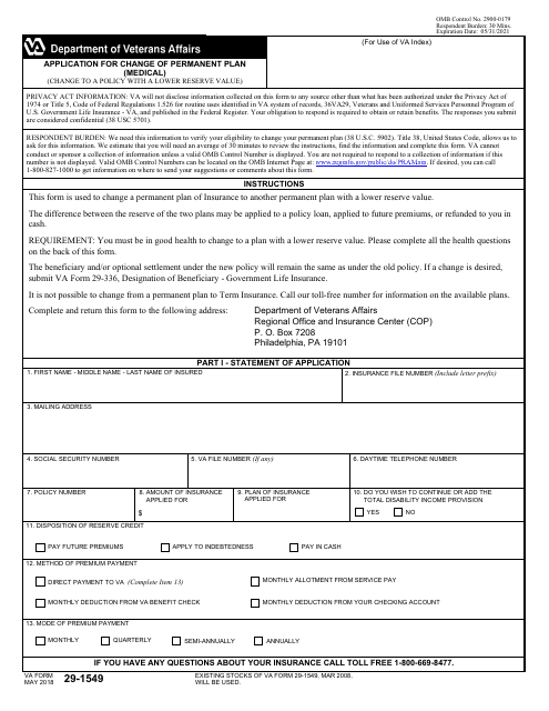 VA Form 29-1549  Printable Pdf