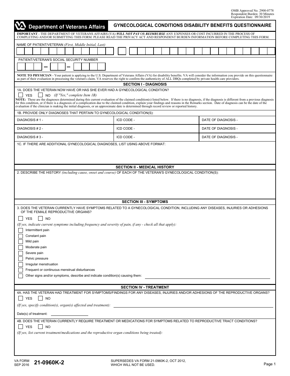 VA Form 21-0960K-2 Gynecological Conditions Disability Benefits Questionnaire, Page 1