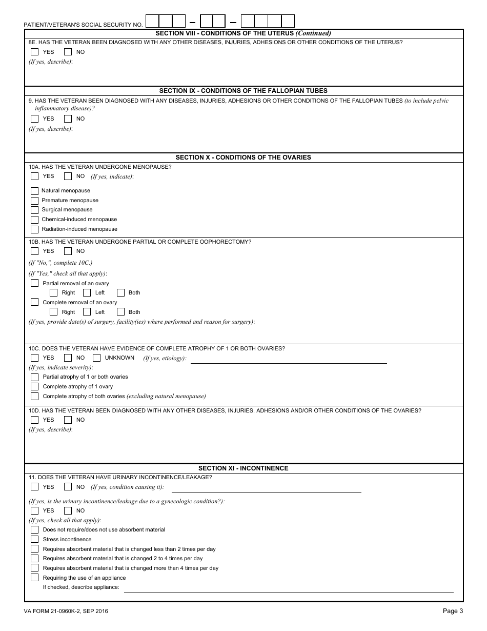 VA Form 21-0960K-2 Gynecological Conditions Disability Benefits Questionnaire, Page 3