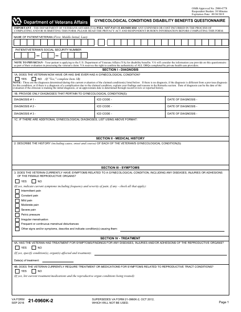 VA Form 21-0960K-2 Gynecological Conditions Disability Benefits Questionnaire
