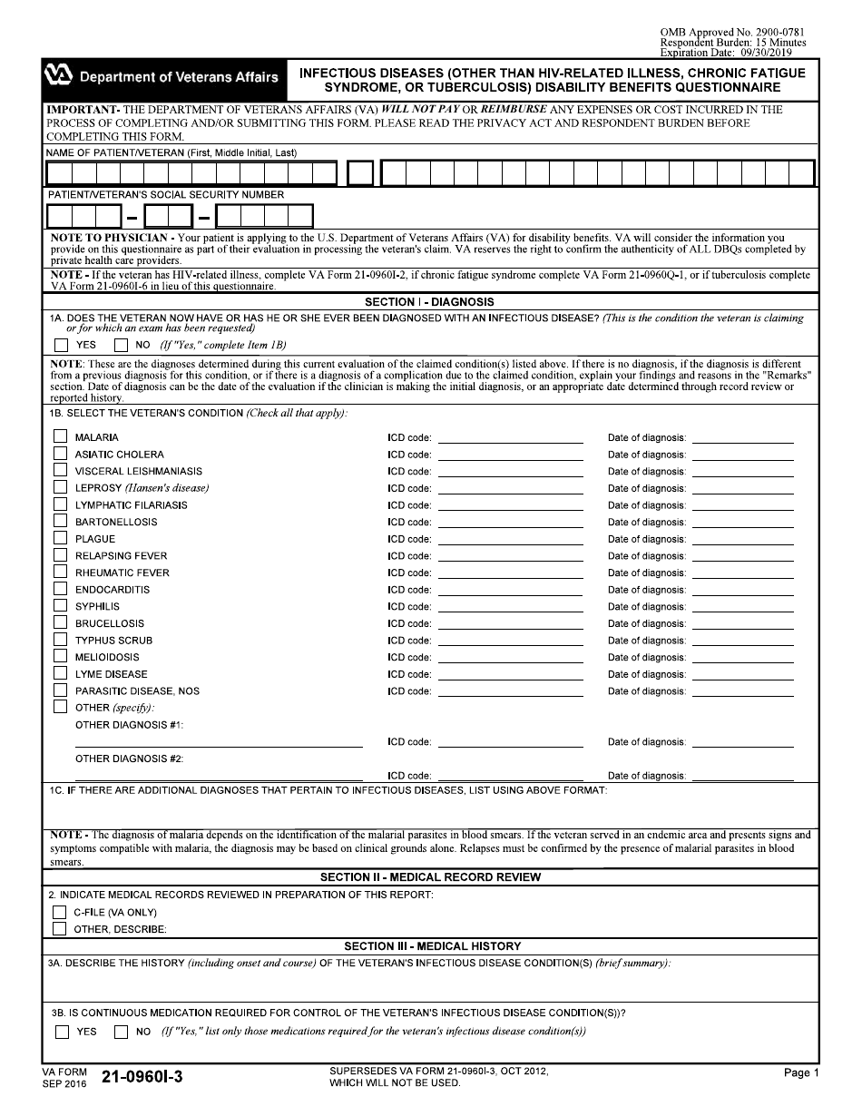 VA Form 21-0960I-3 Infectious Diseases (Other Than HIV-Related Illness, Chronic Fatigue Syndrome, or Tuberculosis) Disability Benefits Questionnaire, Page 1