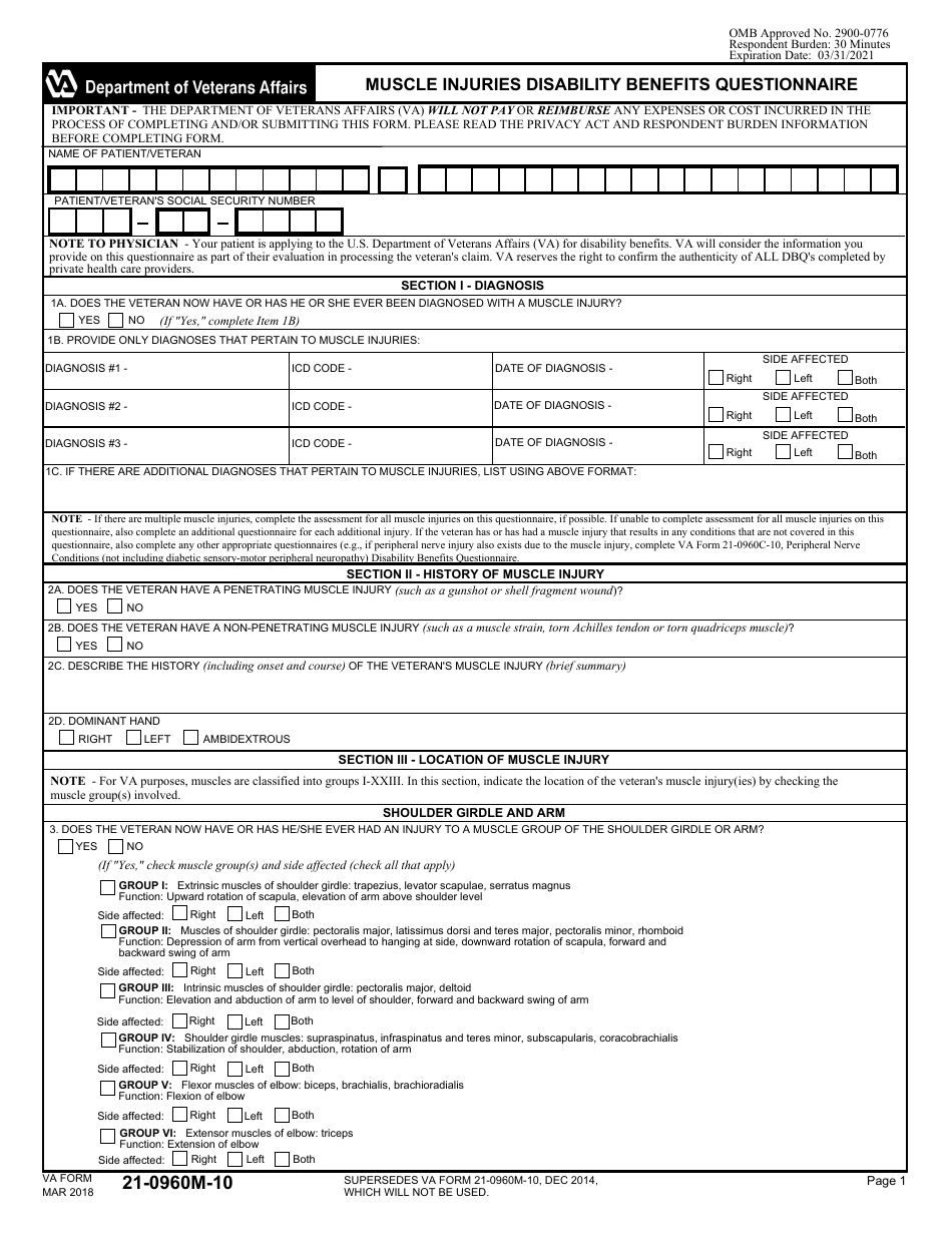 VA Form 21-0960M-10 Muscle Injuries Disability Benefits Questionnaire, Page 1