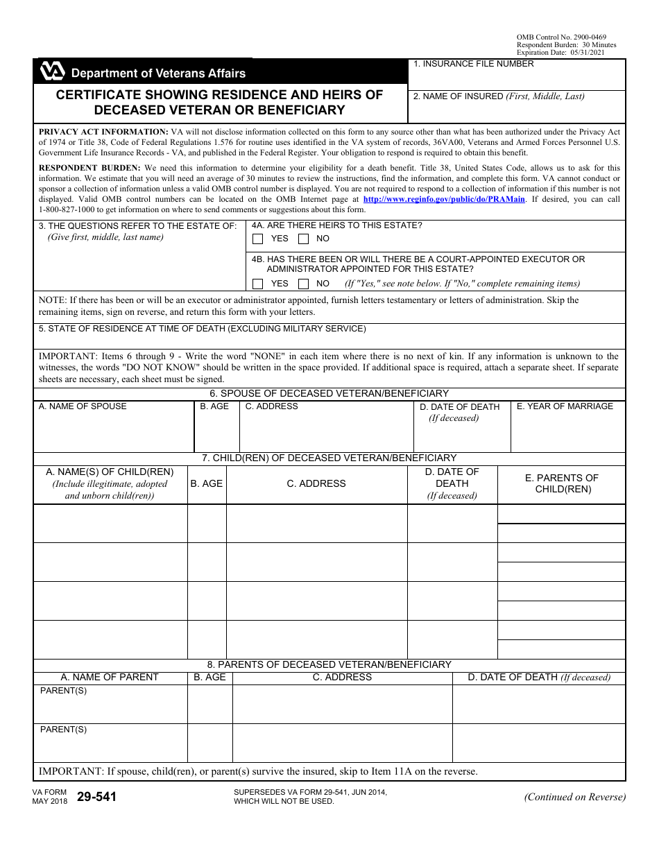 VA Form 29-541 Certificate Showing Residence and Heirs of Deceased Veteran or Beneficiary, Page 1