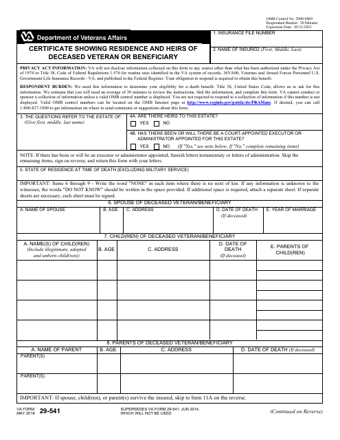 VA Form 29-541  Printable Pdf
