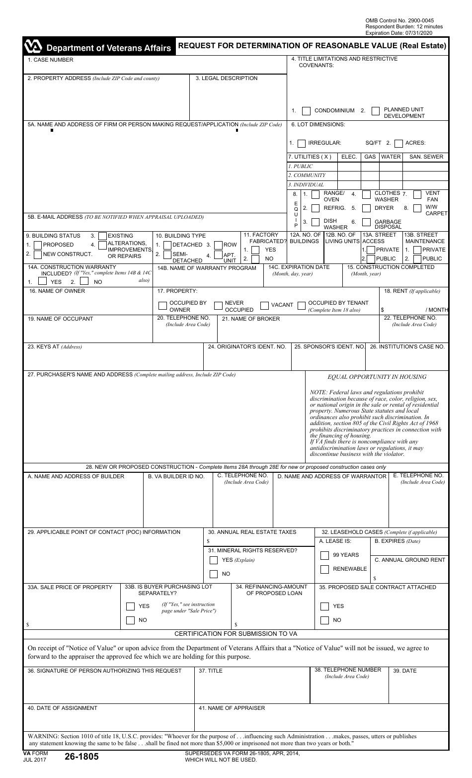 VA Form 26-1805 Request for Determination of Reasonable Value (Real Estate), Page 1