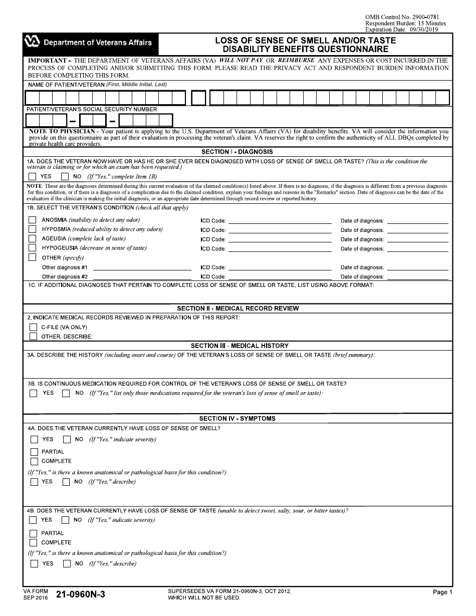 VA Form 21-0960N-3 Loss of Sense of Smell and / or Taste Disability Benefits Questionnaire, Page 1