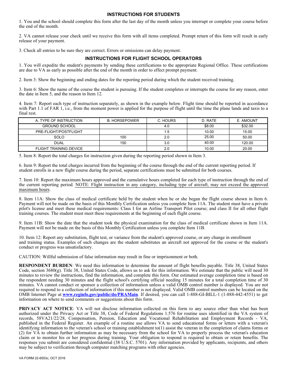 VA Form 22-6553C Monthly Certification of Flight Training, Page 2