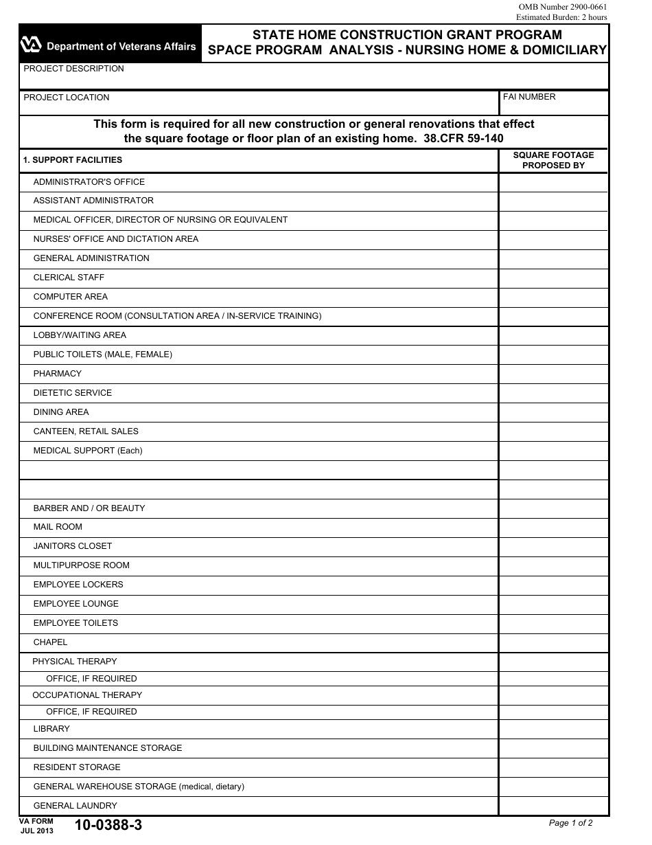 VA Form 10-0388-3 Space Program Analysis - Nursing Home  Domiciliary - State Home Construction Grant Program, Page 1