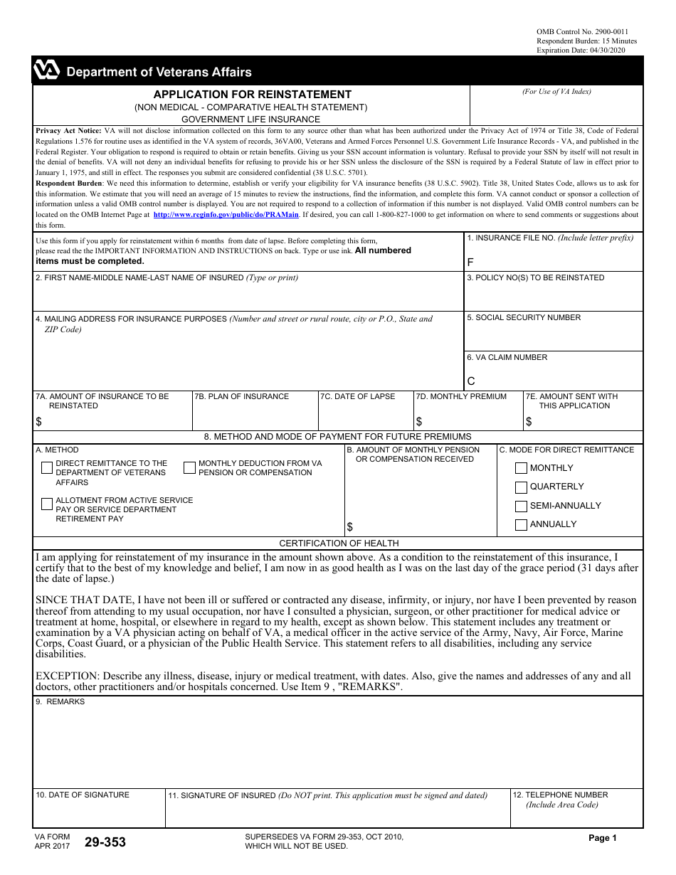 VA Form 29-353 Application for Reinstatement (Non Medical - Comparative Health Statement), Page 1
