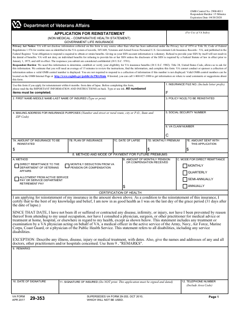VA Form 29-353  Printable Pdf