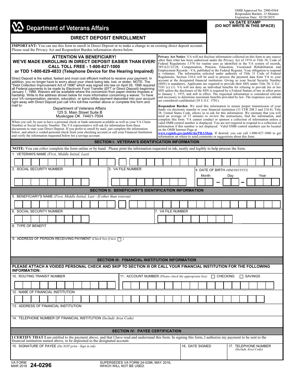 VA Form 24-0296 Direct Deposit Enrollment, Page 1