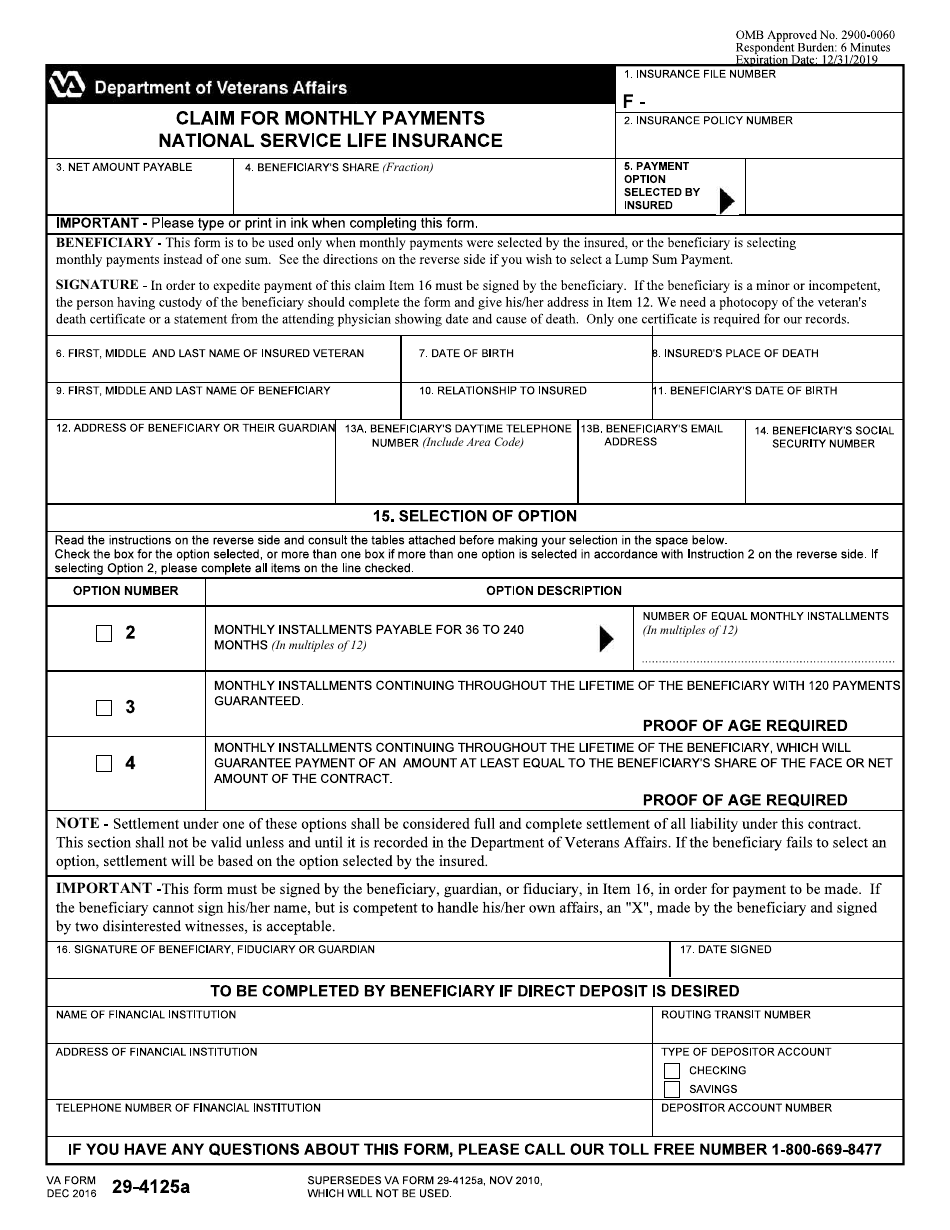 VA Form 29-4125A Claim for Monthly Payments National Service Life Insurance, Page 1