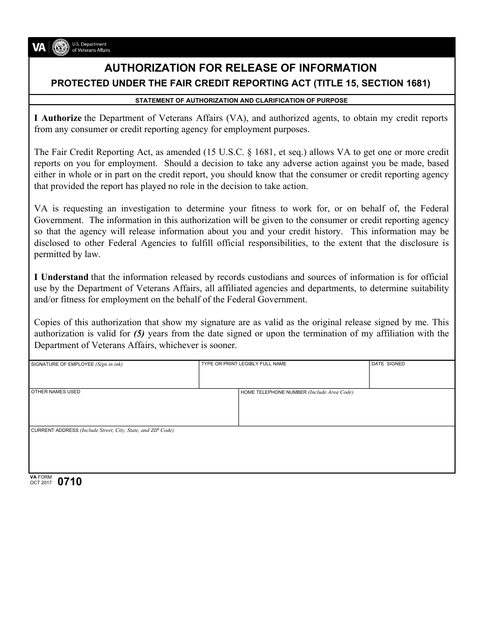 VA Form 0710 Authorization for Release of Information Protected Under the Fair Credit Reporting Act (Title 15, Section 1681), Page 1