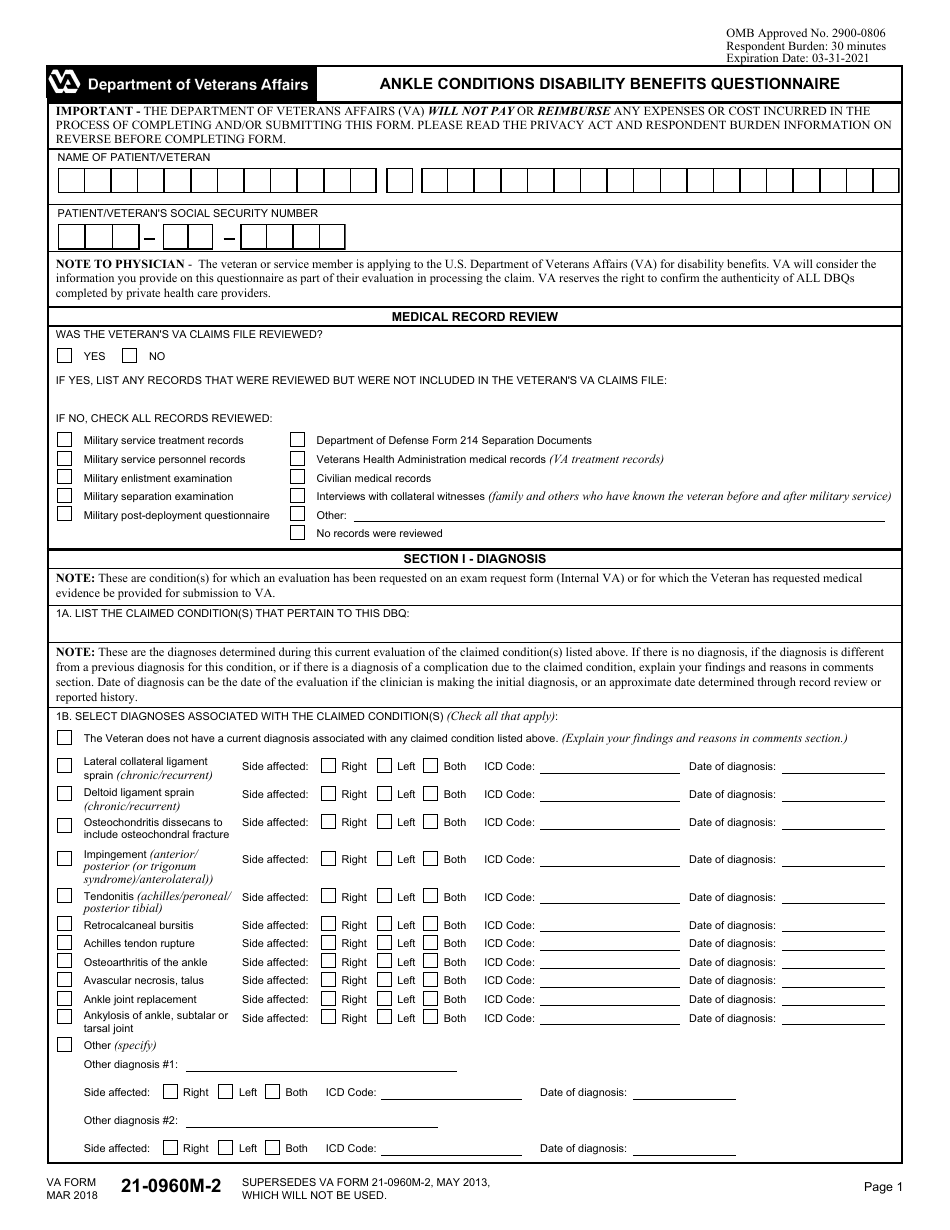 VA Form 21-0960M-2 Ankle Conditions Disability Benefits Questionnaire, Page 1