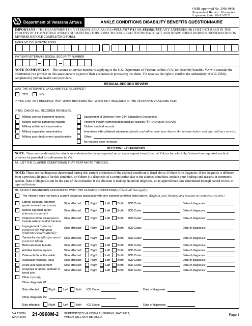 VA Form 21-0960M-2 Ankle Conditions Disability Benefits Questionnaire