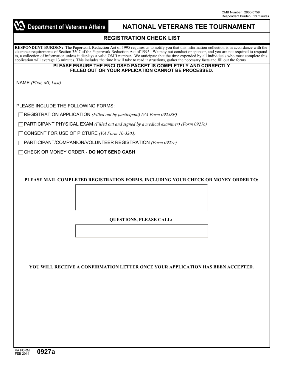 VA Form 0927A National Veterans Tee Tournament Registration Checklist, Page 1