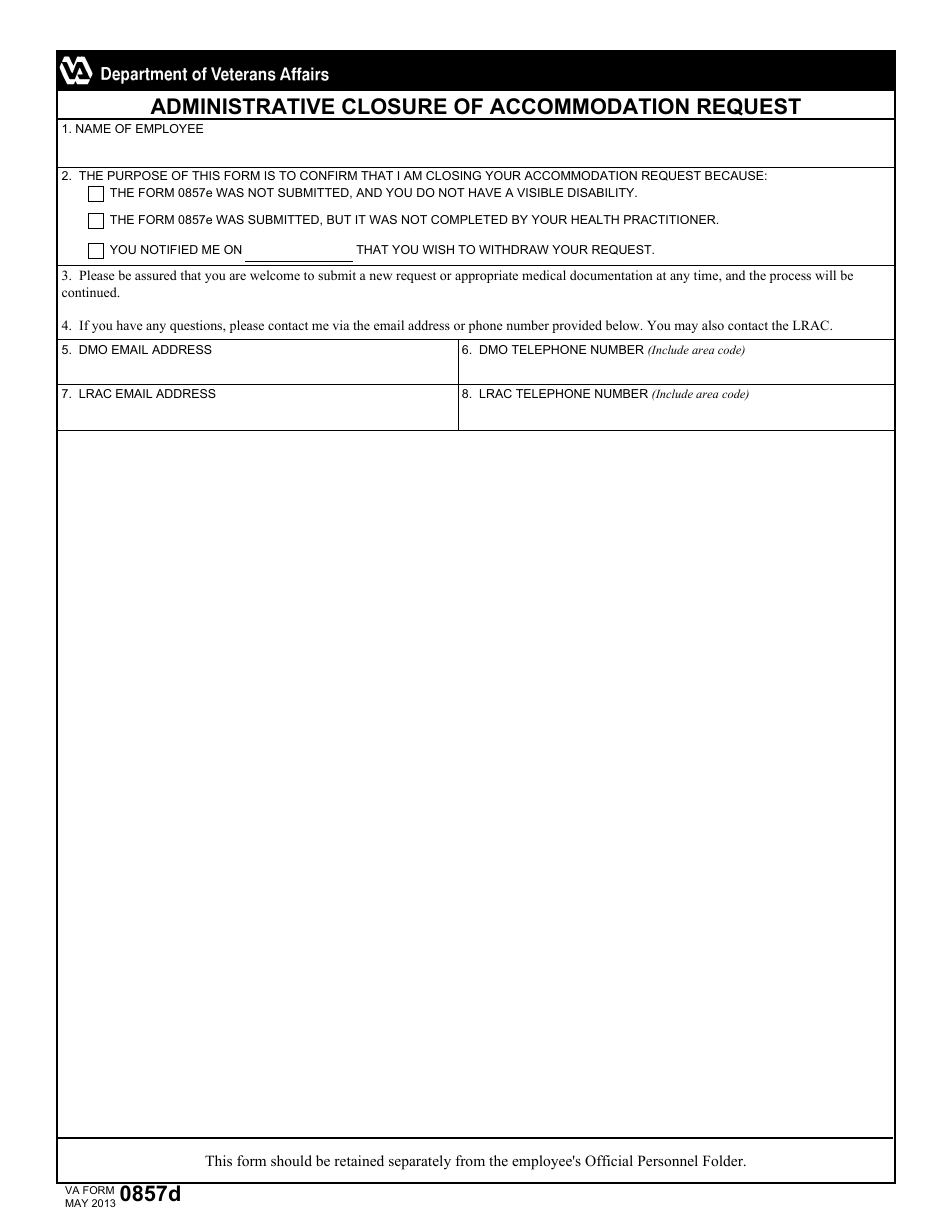 VA Form 0857D Administrative Closure of Accommodation Request, Page 1