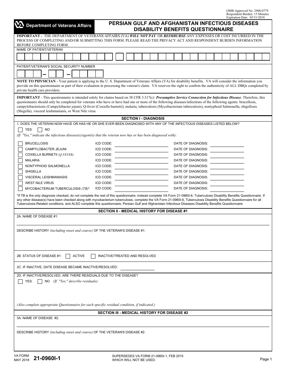 VA Form 21-0960I-1 Persian Gulf and Afghanistan Infectious Diseases Disability Benefits Questionnaire, Page 1