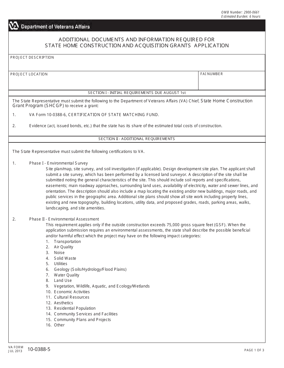VA Form 10-0388-5 Additional Documents and Information Required for State Home Construction and Acquisition Grants Application, Page 1