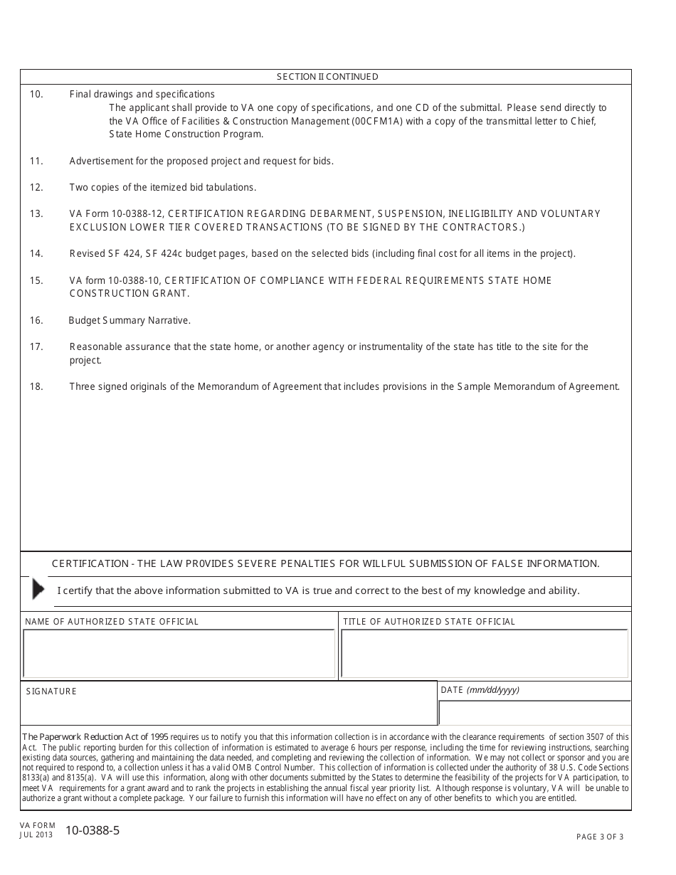 VA Form 10-0388-5 Additional Documents and Information Required for State Home Construction and Acquisition Grants Application, Page 3
