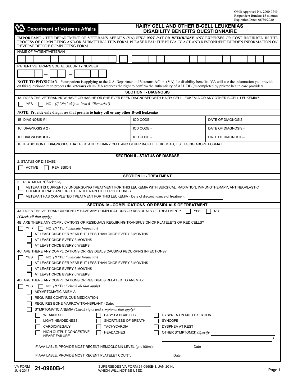 VA Form 21-0960B-1 Hairy Cell and Other B-Cell Leukemias Disability Benefits Questionnaire, Page 1