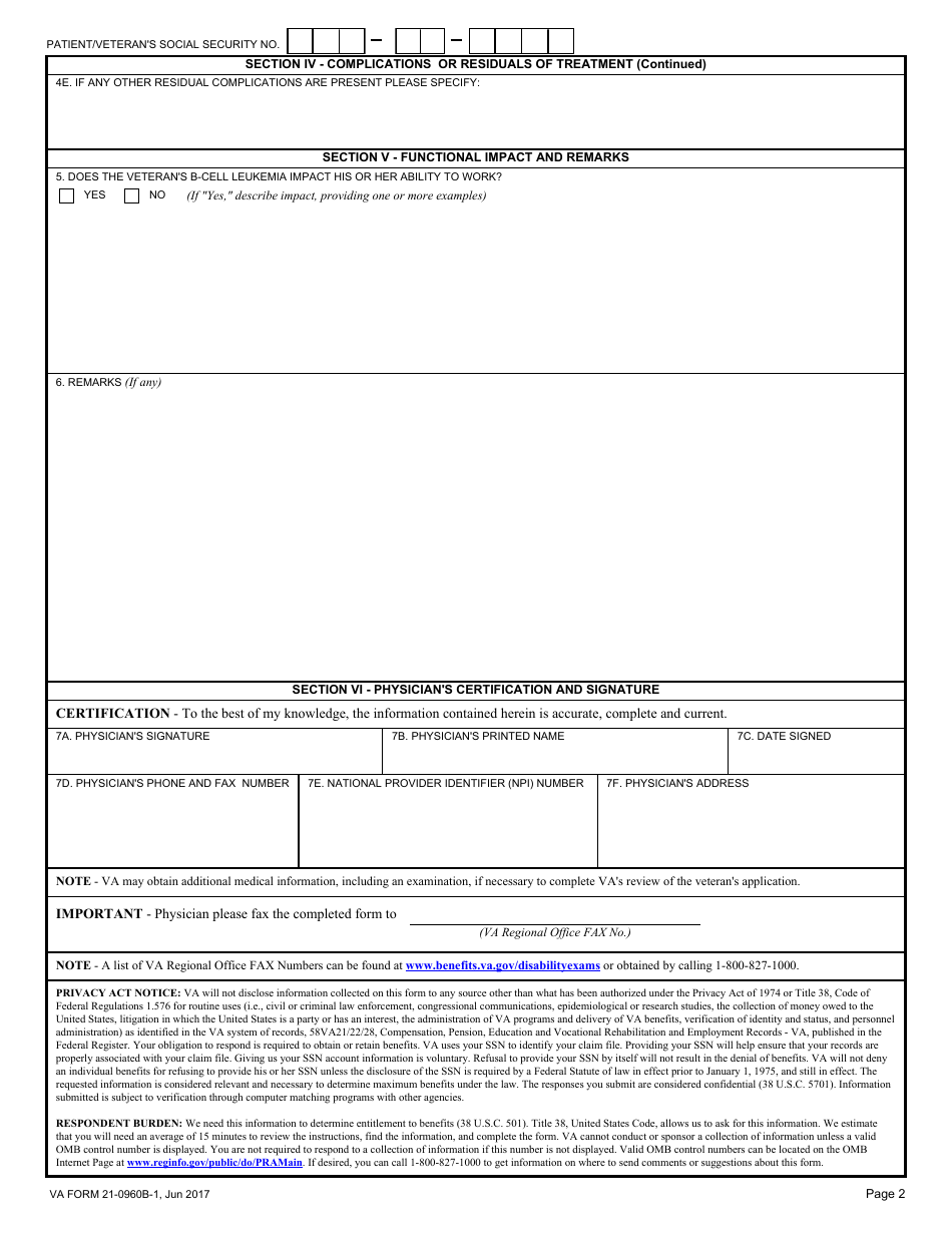 VA Form 21-0960B-1 Hairy Cell and Other B-Cell Leukemias Disability Benefits Questionnaire, Page 2