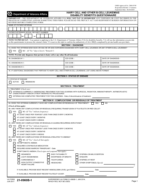 VA Form 21-0960B-1 Hairy Cell and Other B-Cell Leukemias Disability Benefits Questionnaire
