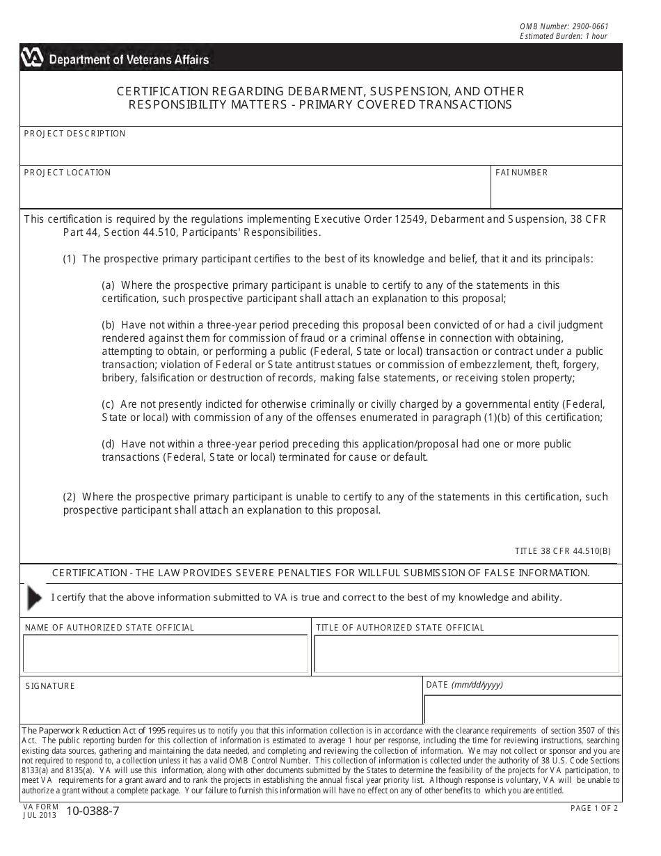 VA Form 10-0388-7 Certification Regarding Debarment, Suspension, and Other Responsibility Matters - Primary Covered Transactions, Page 1