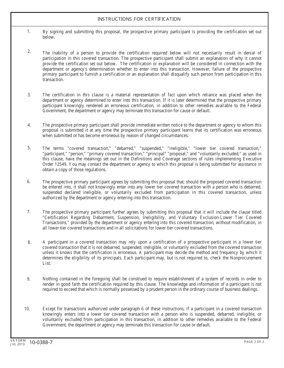 VA Form 10-0388-7 Certification Regarding Debarment, Suspension, and Other Responsibility Matters - Primary Covered Transactions, Page 2