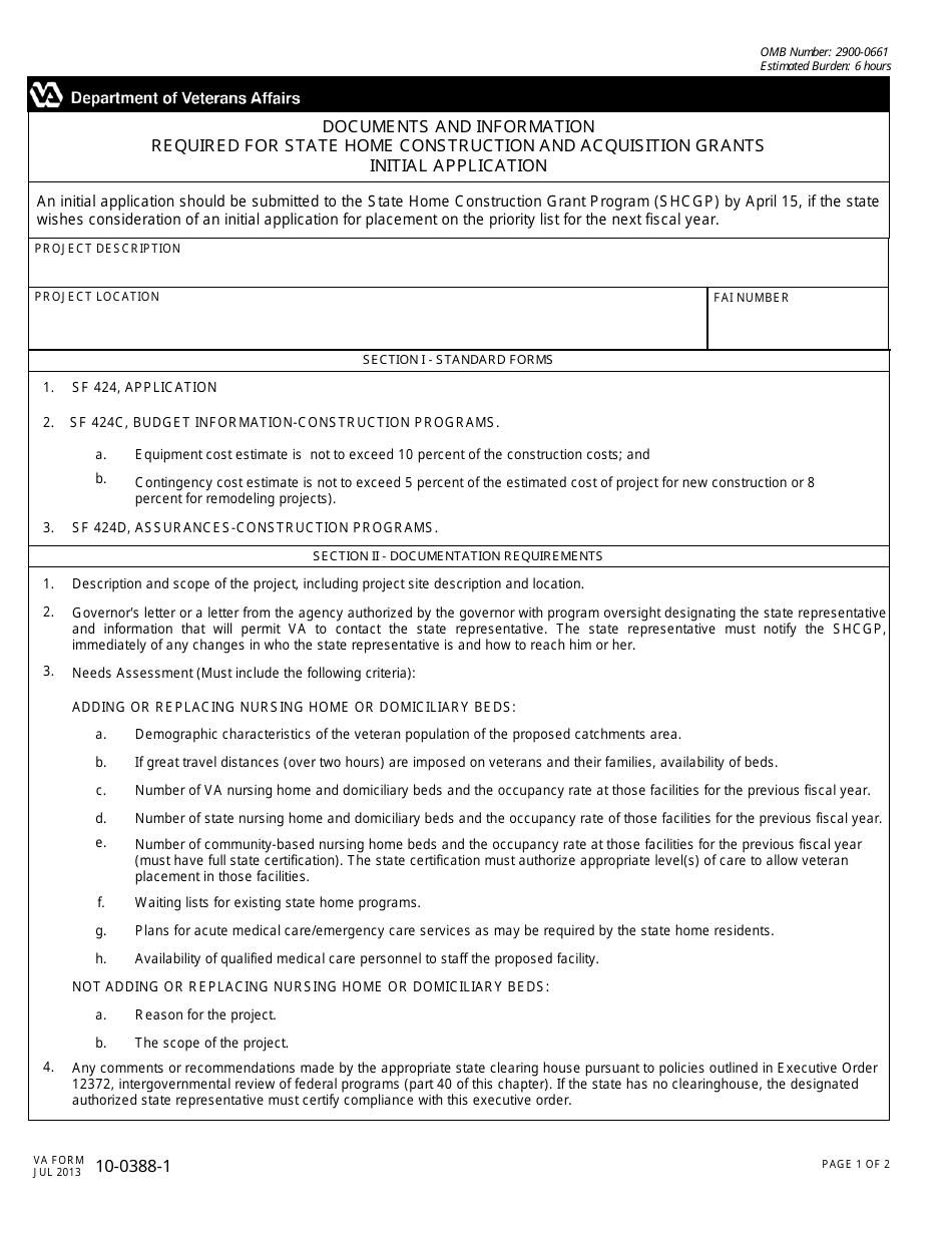 VA Form 10-0388-1 Documents and Information Required for State Home Construction and Acquisition Grants Initial Application, Page 1