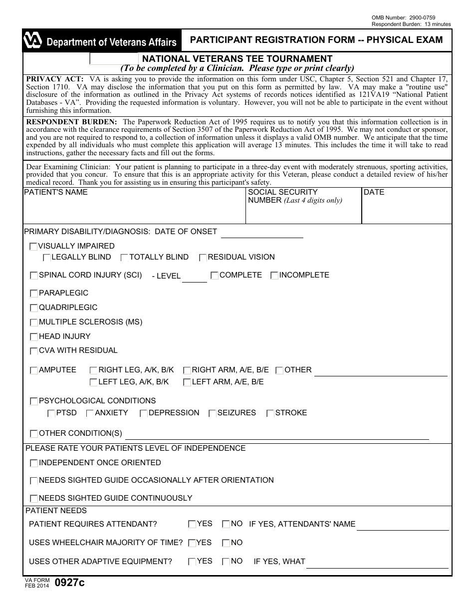 VA Form 0927C National Veterans Tee Tournament Participant Registration Form - Physical Exam, Page 1