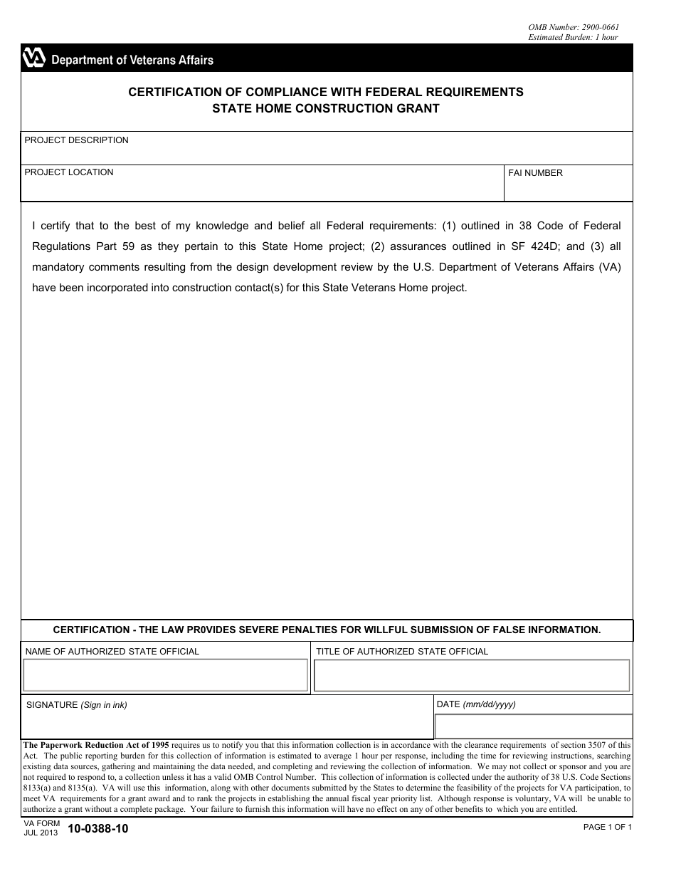 VA Form 10-0388-10 Certification of Compliance With Federal Requirements - State Home Construction Grant, Page 1