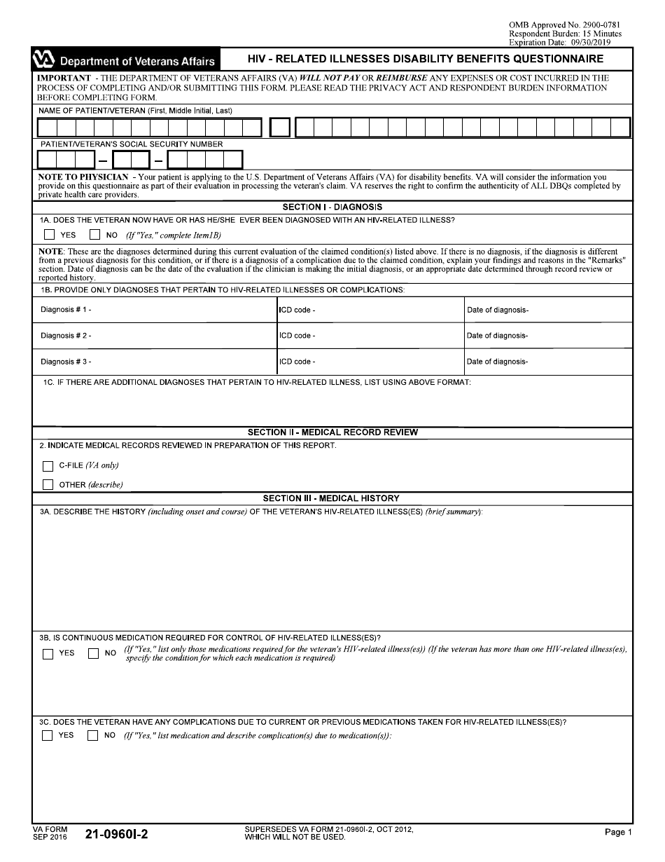 VA Form 21-0960I-2 HIV-Related Illnesses Disability Benefits Questionnaire, Page 1