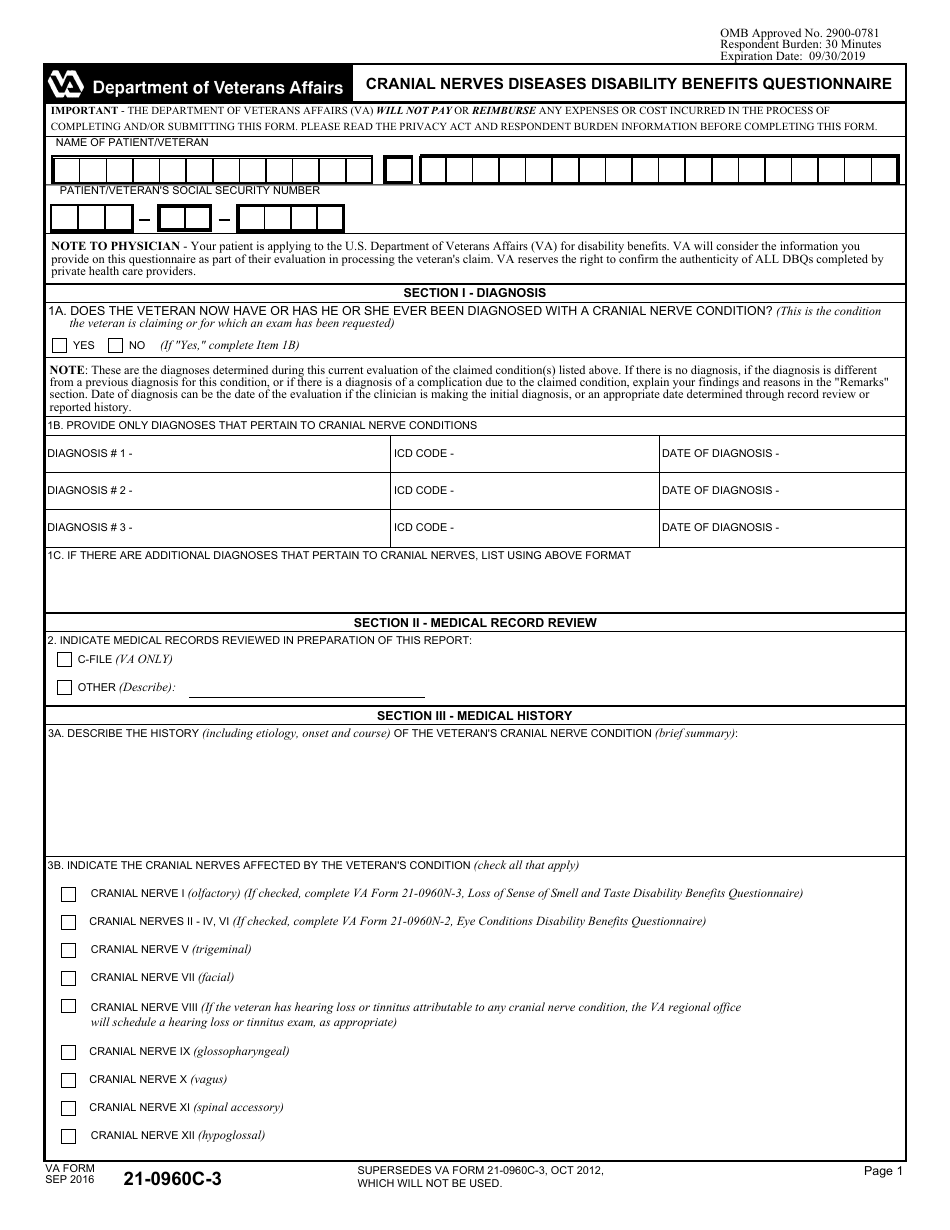 VA Form 21-0960C-3 Cranial Nerves Diseases Disability Benefits Questionnaire, Page 1