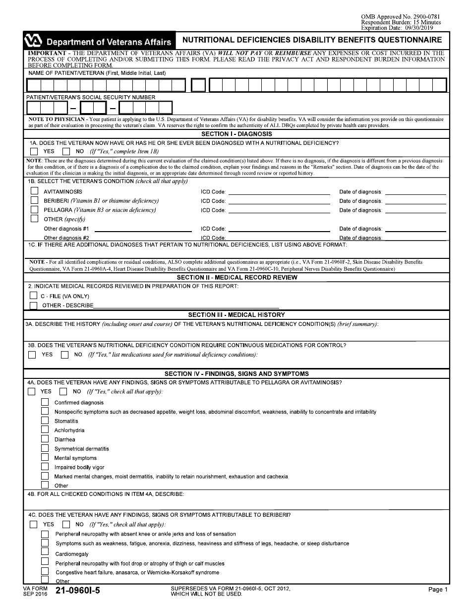 VA Form 21-0960I-5 Nutritional Deficiencies Disability Benefits Questionnaire, Page 1