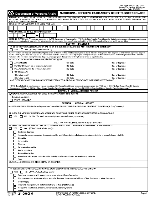 VA Form 21-0960I-5 Nutritional Deficiencies Disability Benefits Questionnaire