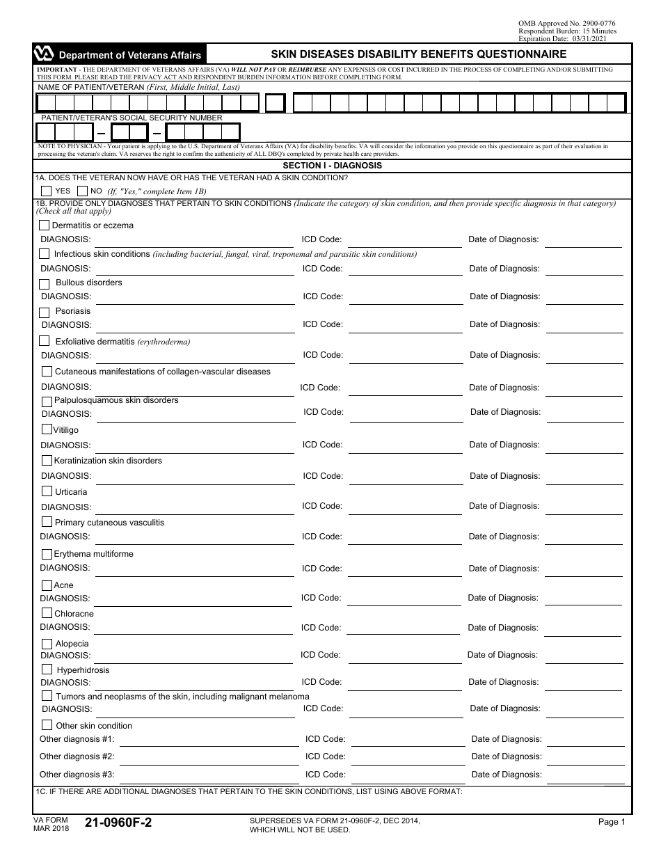 VA Form 21-0960F-2 Skin Diseases Disability Benefits Questionnaire, Page 1