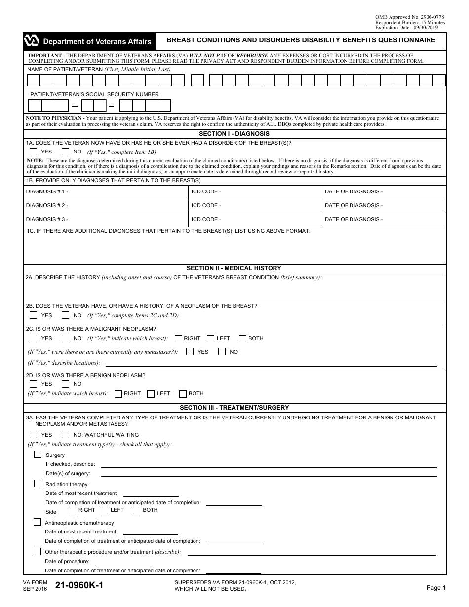 VA Form 21-0960K-1 Breast Conditions and Disorders Disability Benefits Questionnaire, Page 1