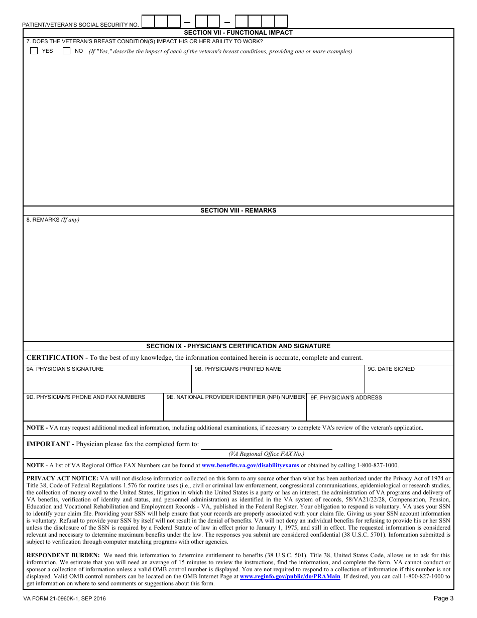 VA Form 21-0960K-1 Breast Conditions and Disorders Disability Benefits Questionnaire, Page 3