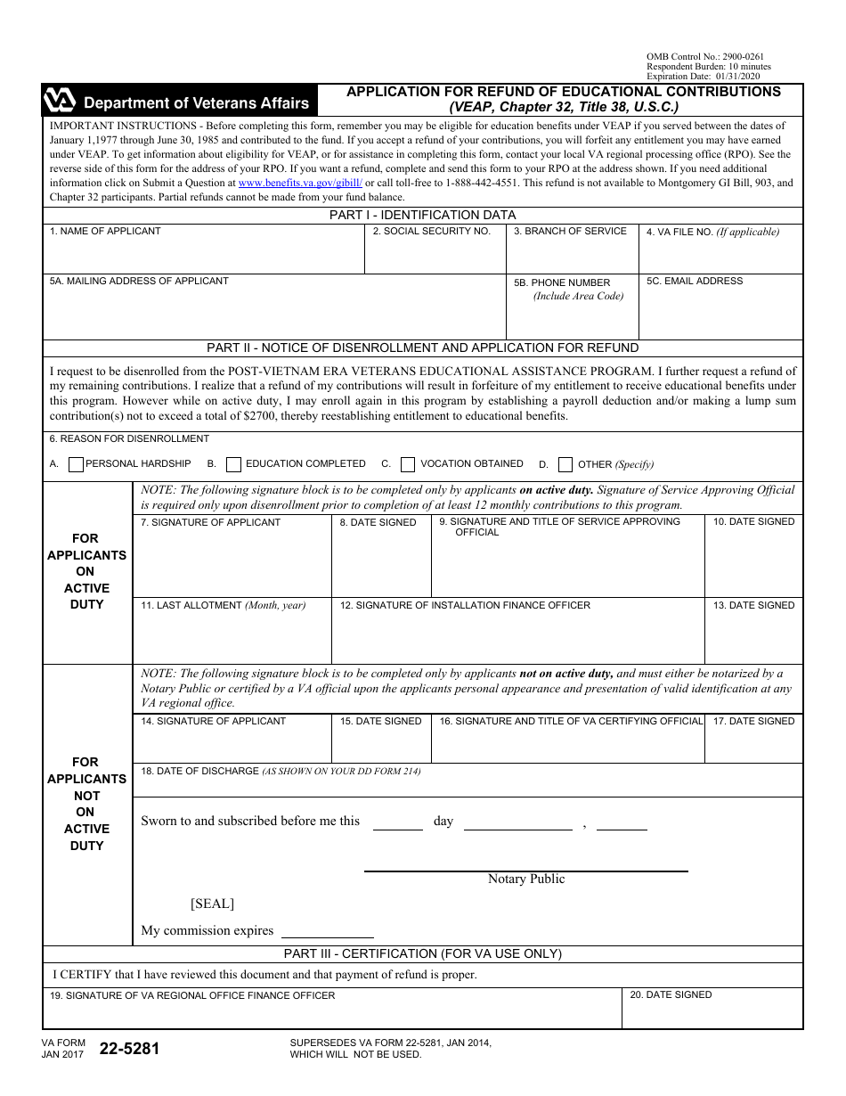 VA Form 22-5281 Application for Refund of Educational Contributions (Veap, Chapter 32, Title 38, U.s.c.), Page 1