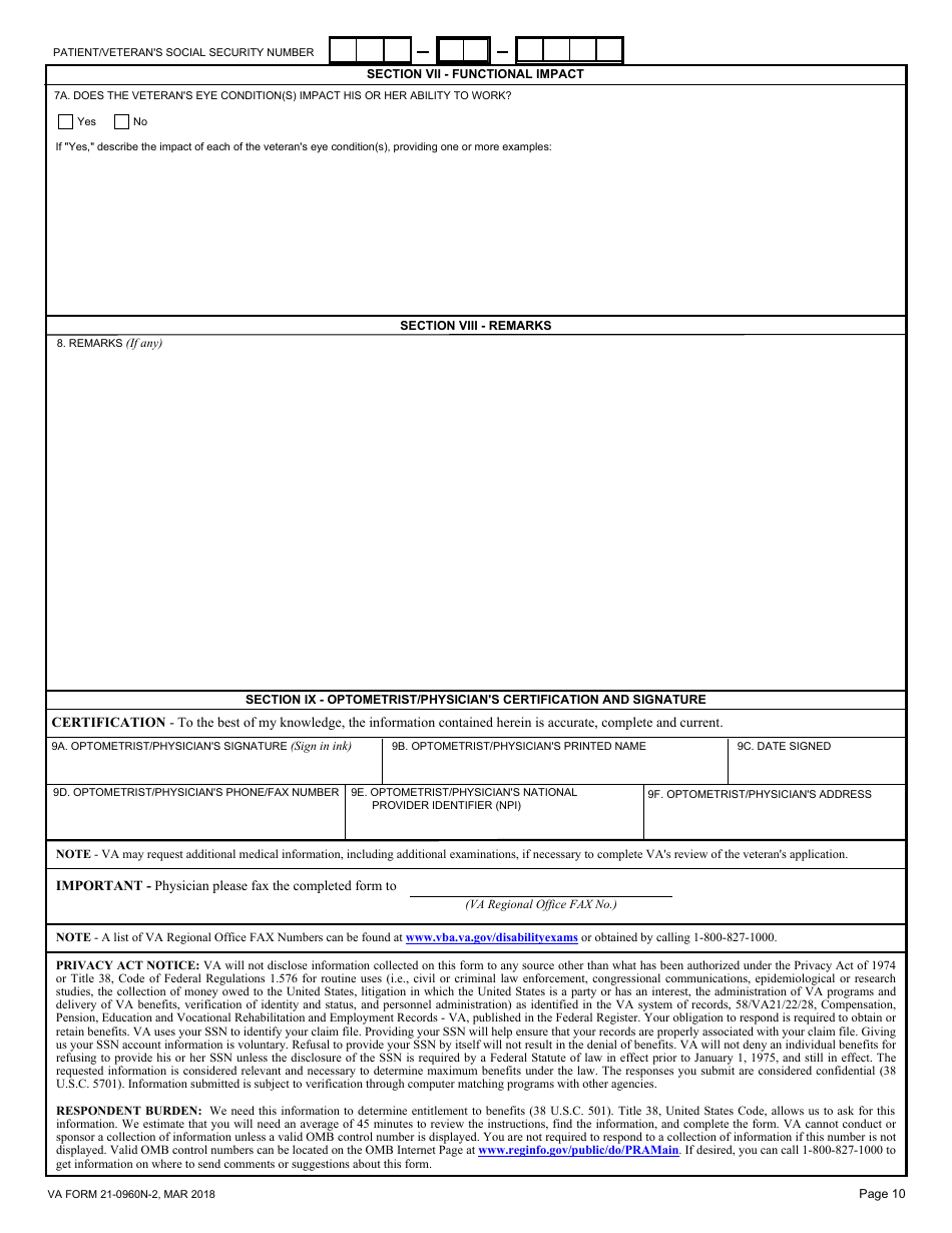 VA Form 21-0960N-2 Eye Conditions Disability Benefits Questionnaire, Page 10